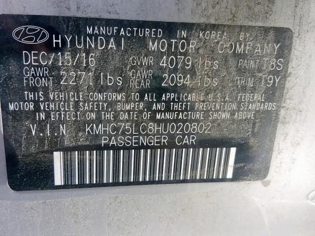 KMHC75LC8HU020802 - 2017 HYUNDAI IONIQ SEL SILVER photo 10