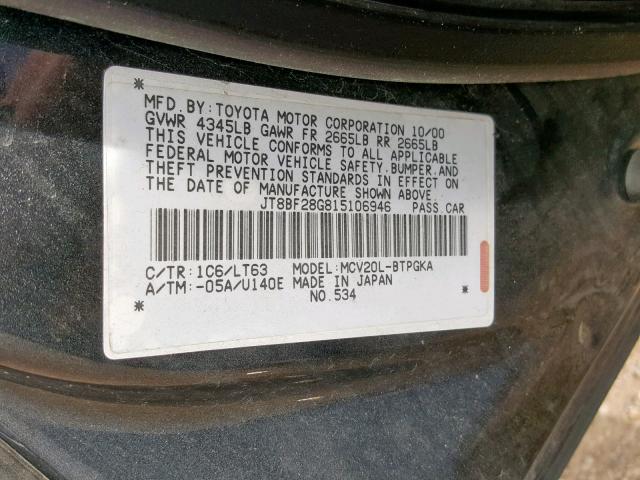 JT8BF28G815106946 - 2001 LEXUS ES 300 CHARCOAL photo 10