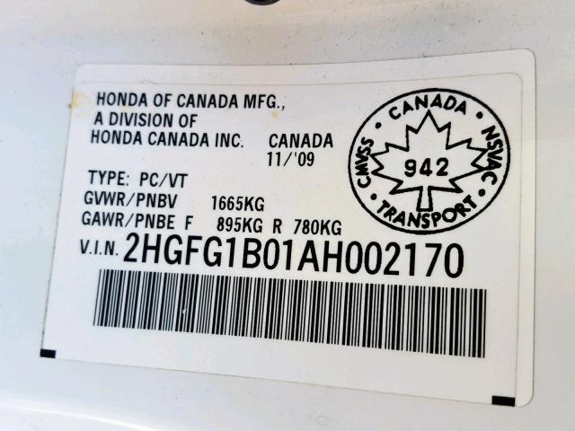 2HGFG1B01AH002170 - 2010 HONDA CIVIC EXL 白色 照片 10