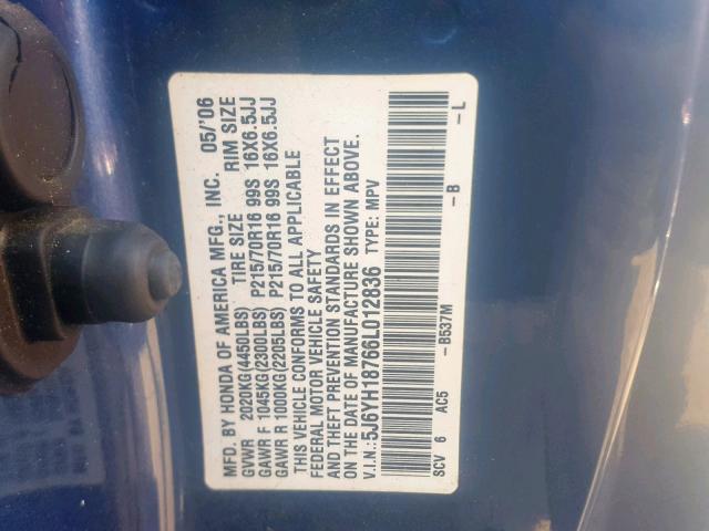 5J6YH18766L012836 - 2006 HONDA ELEMENT EX BLUE photo 10