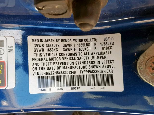 JHMZE2H54BS008340 - 2011 HONDA INSIGHT LX BLUE photo 10