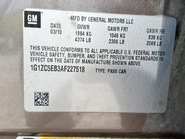 1G1ZC5EB3AF227518 - 2010 CHEVROLET MALIBU 1LT 棕色 照片 10