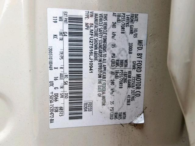 5LMFU27516LJ10941 - 2006 LINCOLN NAVIGATOR WHITE photo 10