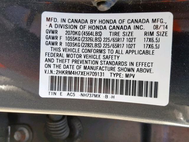 2HKRM4H7XEH709131 - 2014 HONDA CR-V EXL GRAY photo 10