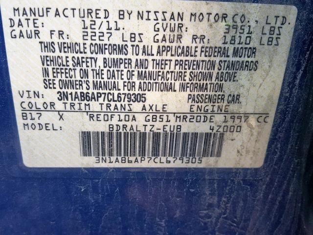 3N1AB6AP7CL679305 - 2012 NISSAN SENTRA 2.0 BLUE photo 10