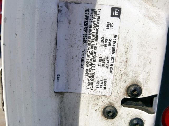 1G2WP12K72F105942 - 2002 PONTIAC GRAND PRIX WHITE photo 10