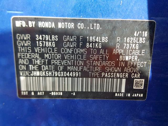 JHMGK5H79GX044991 - 2016 HONDA FIT EX BLUE photo 10