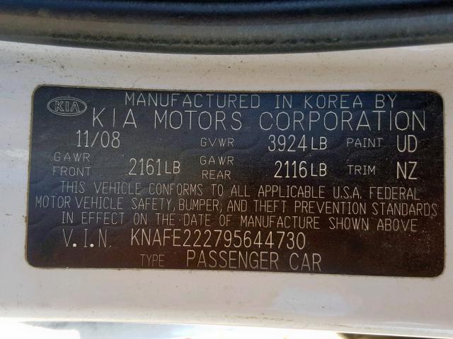 KNAFE222795644730 - 2009 KIA SPECTRA EX WHITE photo 10