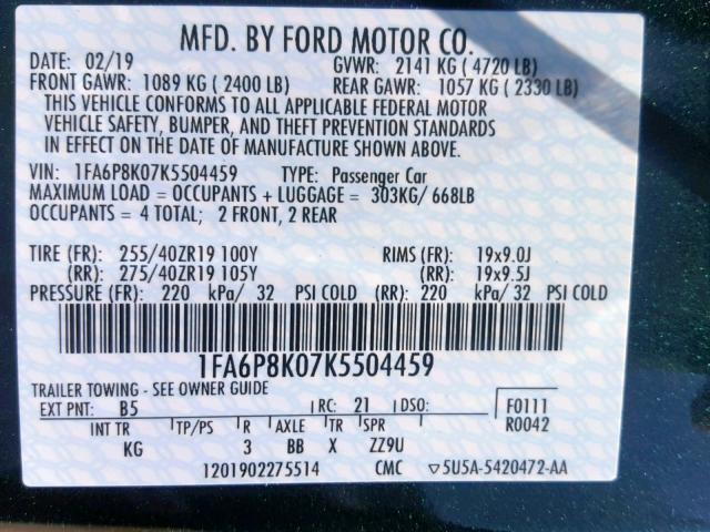 1FA6P8K07K5504459 - 2019 FORD MUSTANG BU GREEN photo 10