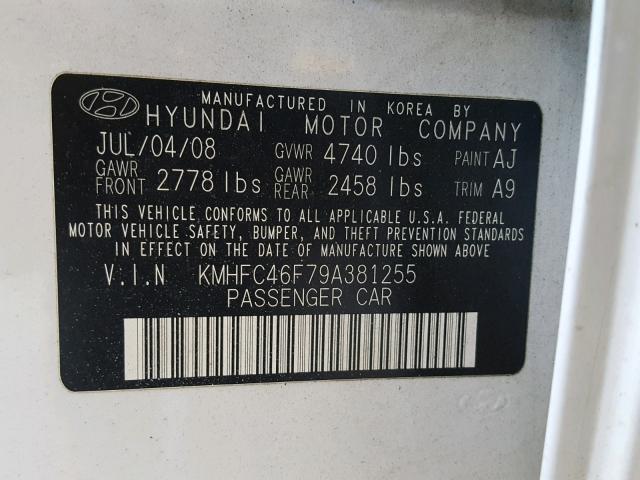 KMHFC46F79A381255 - 2009 HYUNDAI AZERA SE WHITE photo 10