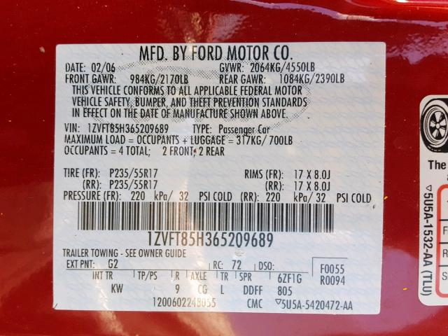 1ZVFT85H365209689 - 2006 FORD MUSTANG GT RED photo 10