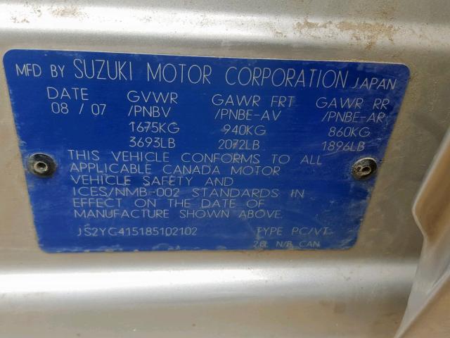 JS2YC415185102102 - 2008 SUZUKI SX4 CONVEN SILVER photo 10