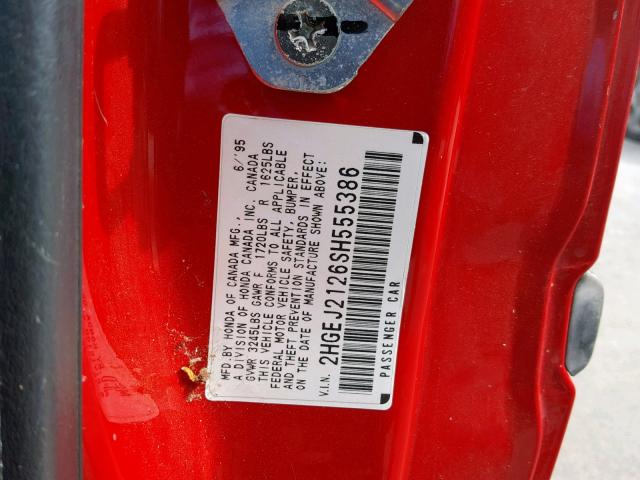 2HGEJ2126SH555386 - 1995 HONDA CIVIC DX RED photo 10