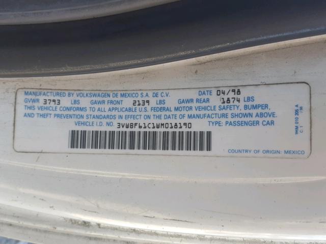 3VWBF61C1WM018190 - 1998 VOLKSWAGEN NEW BEETLE Ağ foto 10