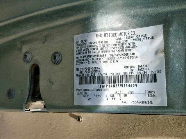 1FAFP34N35W154659 - 2005 FORD FOCUS ZX4 GREEN photo 10