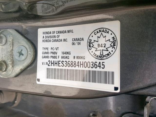 2HHES36884H003645 - 2004 ACURA 1.7EL PREM GRAY photo 10