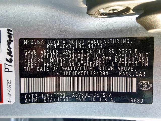 4T1BF1FK5FU494391 - 2015 TOYOTA CAMRY LE SILVER photo 10