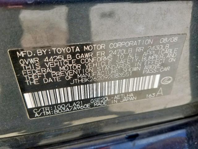 JTHBK262092083551 - 2009 LEXUS IS 250 GRAY photo 10