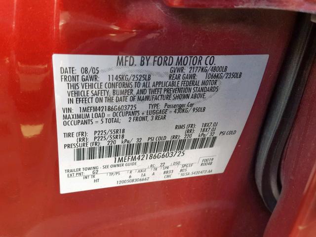 1MEFM42186G603725 - 2006 MERCURY MONTEGO PR RED photo 10