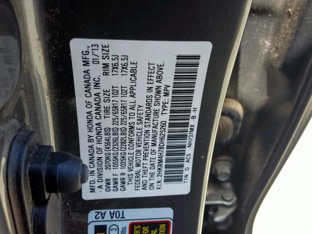 2HKRM4H78DH625260 - 2013 HONDA CR-V EXL GRAY photo 10