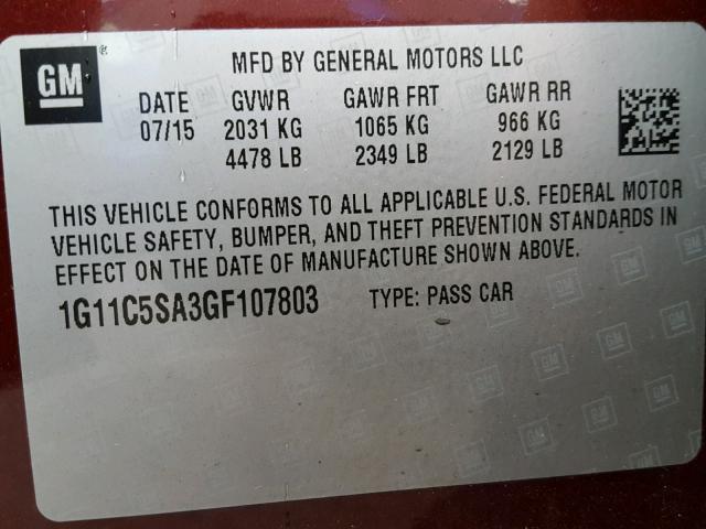 1G11C5SA3GF107803 - 2016 CHEVROLET MALIBU LIM 栗色 照片 10