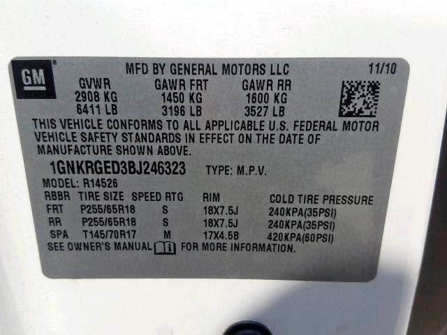 1GNKRGED3BJ246323 - 2011 CHEVROLET TRAVERSE L WHITE photo 10