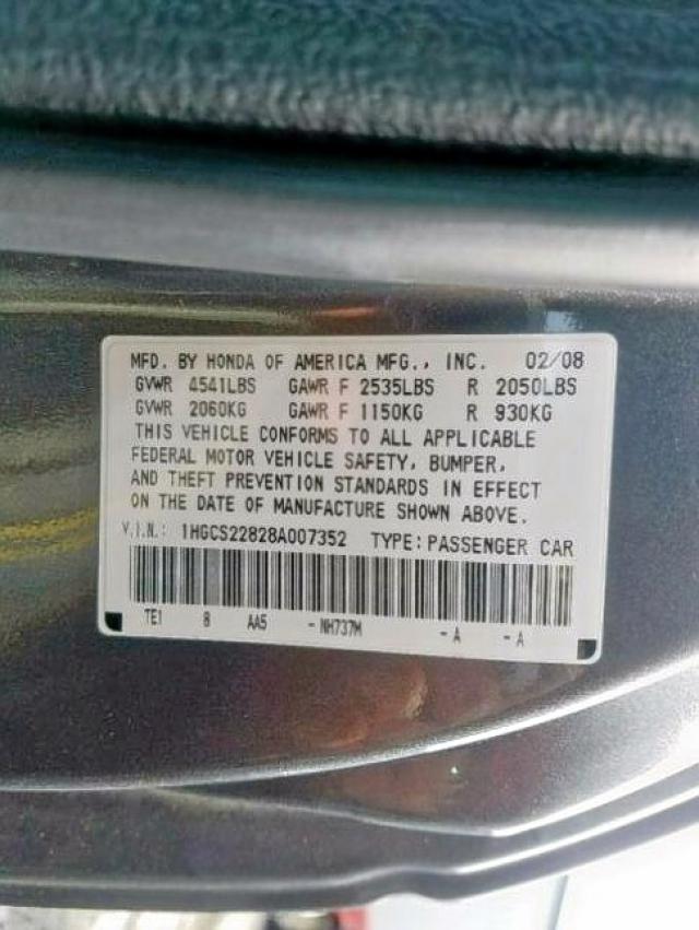 1HGCS22828A007352 - 2008 HONDA ACCORD EXL GRAY photo 10