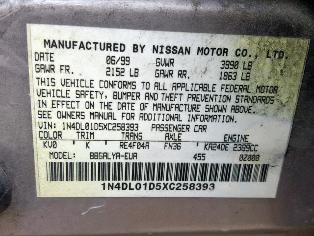 1N4DL01D5XC258393 - 1999 NISSAN ALTIMA XE SILVER photo 10