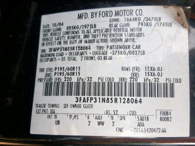 3FAFP31N85R128064 - 2005 FORD FOCUS ZX3 BLACK photo 10