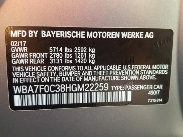 WBA7F0C38HGM22259 - 2017 BMW 750 I GRAY photo 10