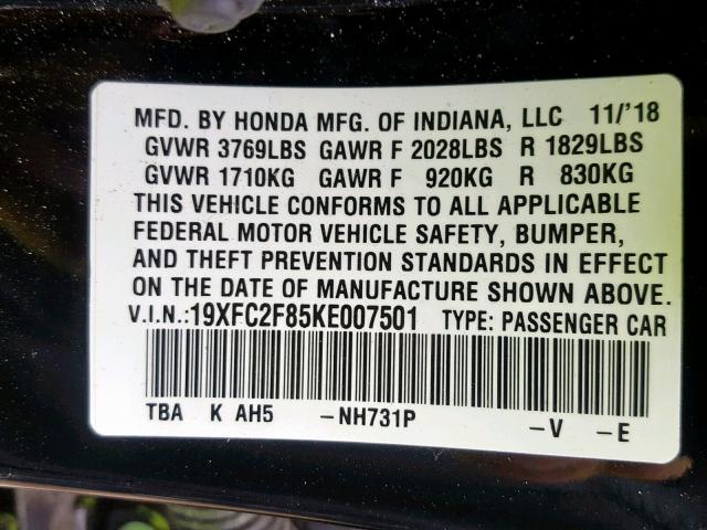 19XFC2F85KE007501 - 2019 HONDA CIVIC SPOR BLACK photo 10