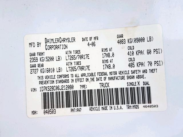1D7KS28C06J212080 - 2006 DODGE RAM 2500 S თეთრი ფოტო 10