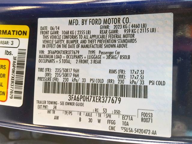 3FA6P0H7XER377679 - 2014 FORD FUSION SE BLUE photo 10