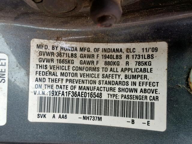 19XFA1F36AE016548 - 2010 HONDA CIVIC VP GRAY photo 10