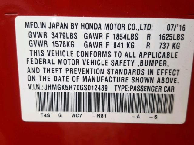 JHMGK5H70GS012489 - 2016 HONDA FIT EX RED photo 10