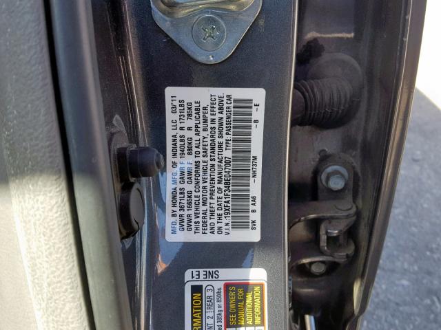 19XFA1F34BE047007 - 2011 HONDA CIVIC VP GRAY photo 10