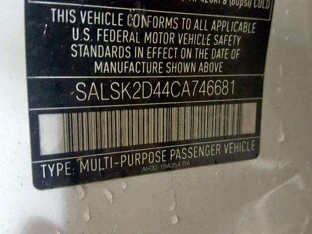 SALSK2D44CA746681 - 2012 LAND ROVER RANGE ROVE WHITE photo 10