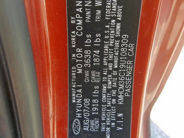 KMHCM36C19U108309 - 2009 HYUNDAI ACCENT GS ORANGE photo 10