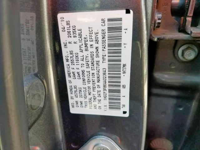 1HGCP3F86AA023643 - 2010 HONDA ACCORD EXL GRAY photo 10