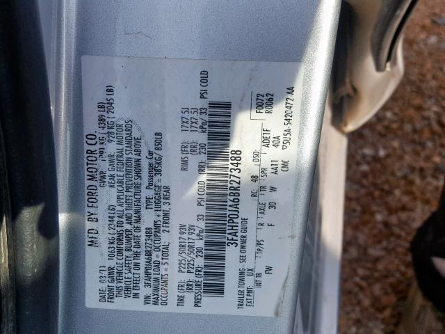 3FAHP0JA6BR273488 - 2011 FORD FUSION SEL SILVER photo 10