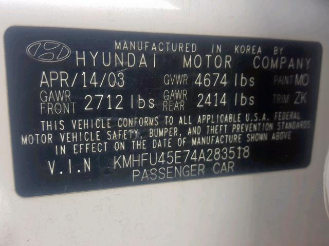 KMHFU45E74A283518 - 2004 HYUNDAI XG 350 WHITE photo 10