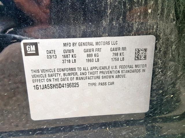 1G1JA5SH5D4196025 - 2013 CHEVROLET SONIC LS BLACK photo 10