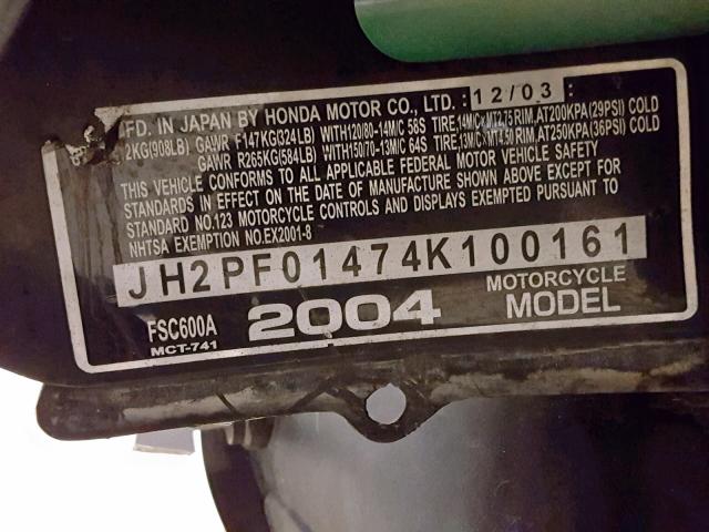 JH2PF01474K100161 - 2004 HONDA FSC600 A SILVER photo 10