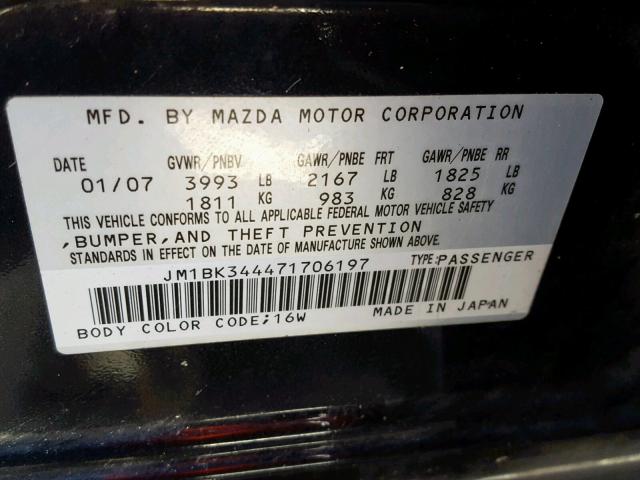 JM1BK344471706197 - 2007 MAZDA 3 HATCHBAC BLACK photo 10