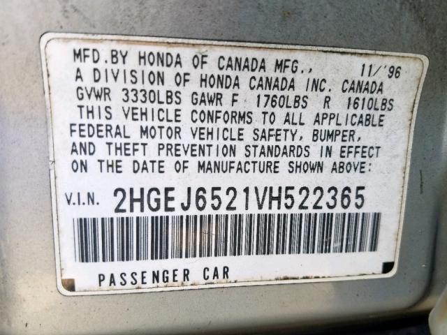 2HGEJ6521VH522365 - 1997 HONDA CIVIC DX SILVER photo 10