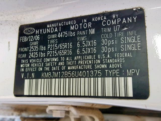 KM8JM12B56U401375 - 2006 HYUNDAI TUCSON GL WHITE photo 10