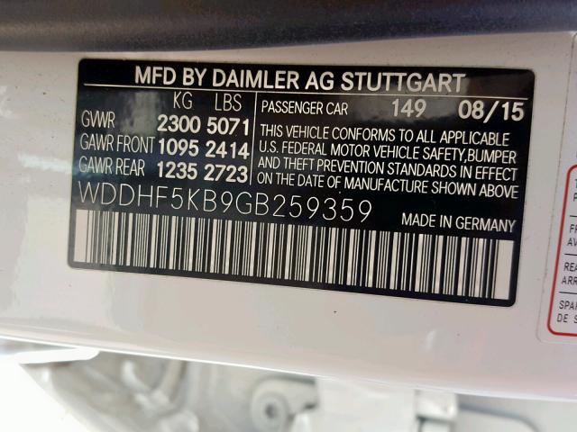 WDDHF5KB9GB259359 - 2016 MERCEDES-BENZ E 350 WHITE photo 10