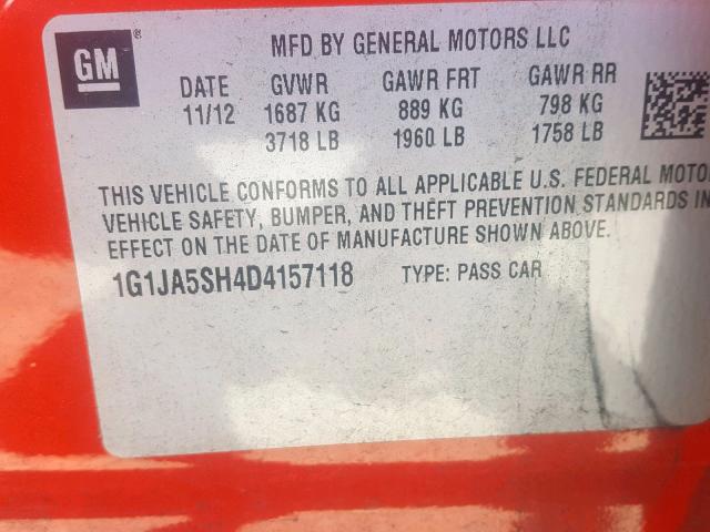 1G1JA5SH4D4157118 - 2013 CHEVROLET SONIC LS 橙色 照片 10