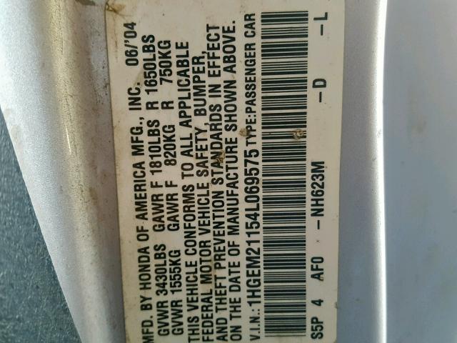 1HGEM21154L069575 - 2004 HONDA CIVIC DX V SILVER photo 10