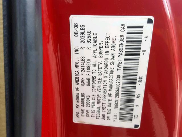 1HGCS12869A002330 - 2009 HONDA ACCORD EXL RED photo 10